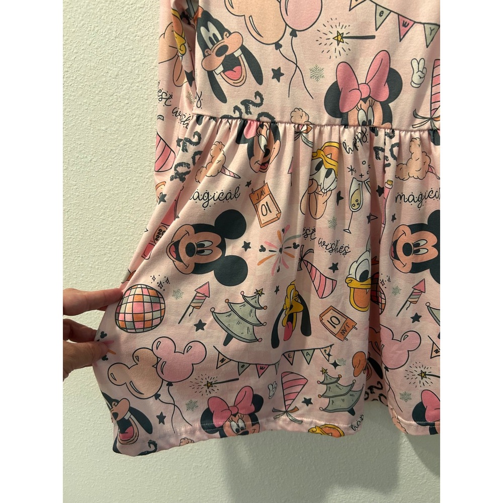Disney Mickey Minnie Pluto New Years Eve Pink Long Sleeve Dress Toddler Girls 4T - Picture 3 of 6